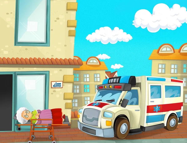 Cartoon Scen Med Ambulans Och Sjuk Patient Illustration För Barn — Stockfoto