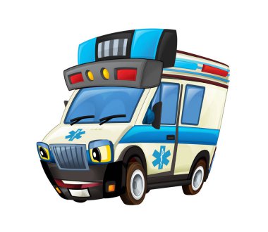 Beyaz arka planda mutlu ambulans kamyonu olan çizgi film sahnesi - çocuklar için illüstrasyon