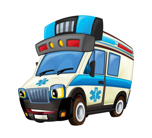 Beyaz Arka Planda Mutlu Ambulans Kamyonu Olan Çizgi Film Sahnesi — Stok fotoğraf