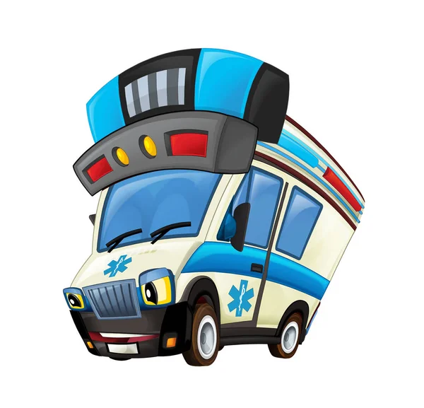 Cena Dos Desenhos Animados Com Caminhão Ambulância Feliz Fundo Branco — Fotografia de Stock