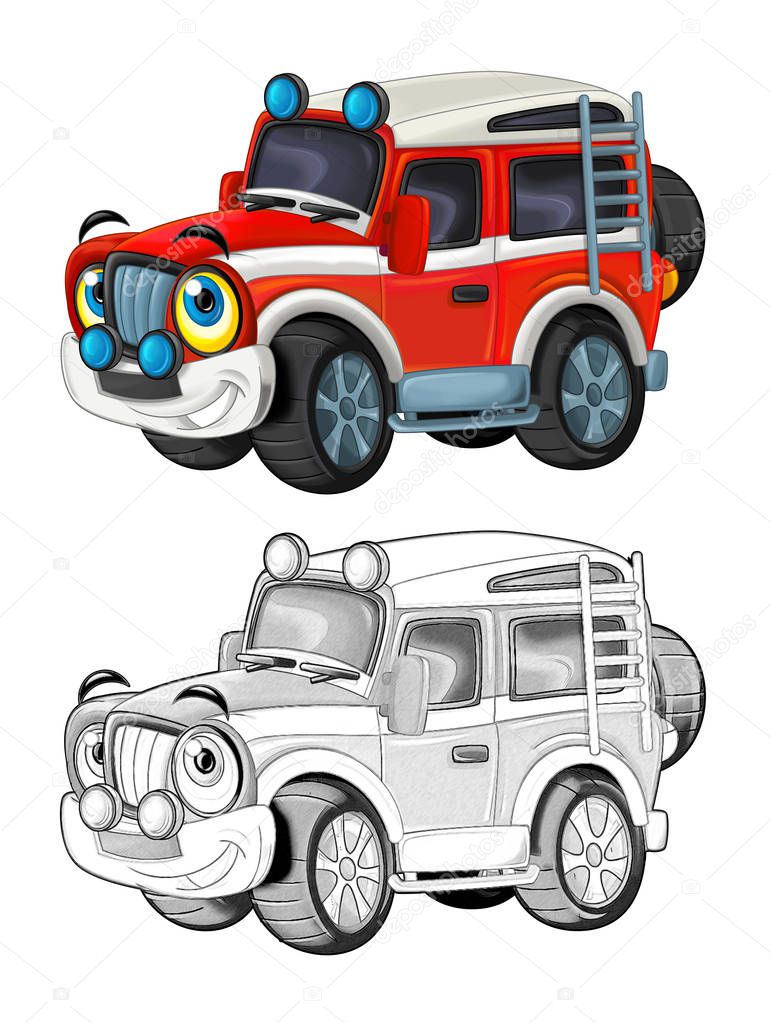 cartoon funny off road fire fighter truck looking like monster truck isolated - coloring page