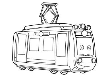 Karikatür komik görünümlü vektör elektrikli tren - izole - boyama sayfası - çocuklar için illüstrasyon