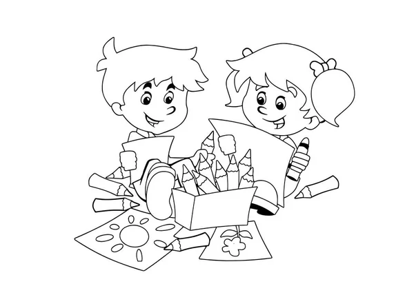 Cartoon Scene Kids Drawing Coloring Vector Coloring Page White Background — Stock Vector
