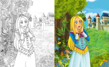 sahne çocuklar için Kalesi - boyama sayfası - illüstrasyon yakınındaki ormanda güzel prenses konumu olan çizgi film