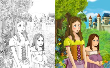 sahne çocuklar için Kalesi - boyama sayfası - illüstrasyon yakınındaki ormanda güzel prenses konumu olan çizgi film