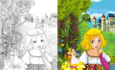 sahne çocuklar için Kalesi - boyama sayfası - illüstrasyon yakınındaki ormanda güzel prenses konumu olan çizgi film