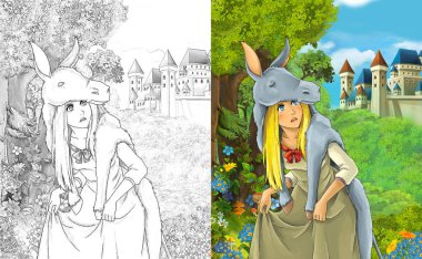 sahne çocuklar için Kalesi - boyama sayfası - illüstrasyon yakınındaki ormanda güzel prenses konumu olan çizgi film