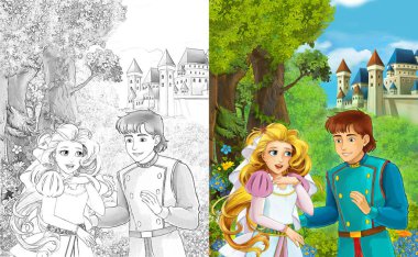 mutlu genç erkek ve kız - prenses ve Prens - ile sayfa boyama - kale illüstrasyon çocuklar için yakın duran ile çizgi film sahne