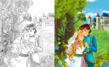 mutlu genç erkek ve kız - prenses ve Prens - ile sayfa boyama - kale illüstrasyon çocuklar için yakın duran ile çizgi film sahne
