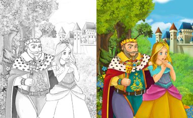 mutlu genç erkek ve kız - prenses ve Prens - ile sayfa boyama - kale illüstrasyon çocuklar için yakın duran ile çizgi film sahne