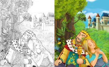 mutlu genç erkek ve kız - prenses ve Prens - ile sayfa boyama - kale illüstrasyon çocuklar için yakın duran ile çizgi film sahne