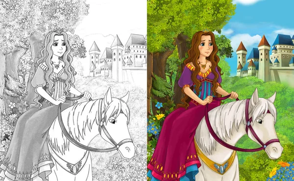 cartoon scene with beautiful princess near majestic castle - with artisric coloring page - illustration for children