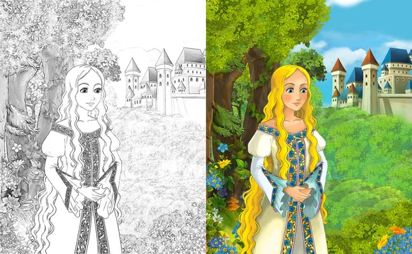 Cartoon Scene Beautiful Princess Standing Forest Castle Coloring Page Illustration — Stock Photo, Image