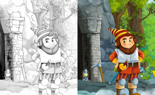 一些矿工或矮人的卡通场景附近的大和五颜六色的城堡 与着色页 例证为孩子 — 图库照片