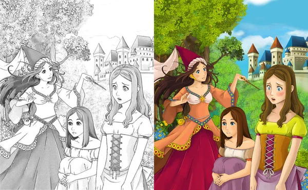 子供のための図の近くの森で美しい姫魔女の漫画シーン — ストック写真