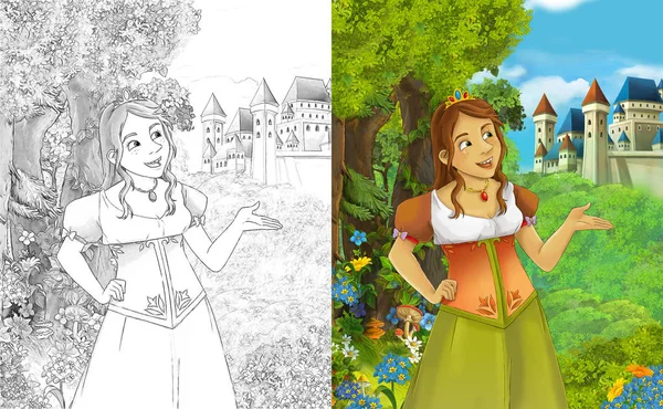 Scène Dessin Animé Avec Belle Princesse Debout Dans Forêt Près — Photo