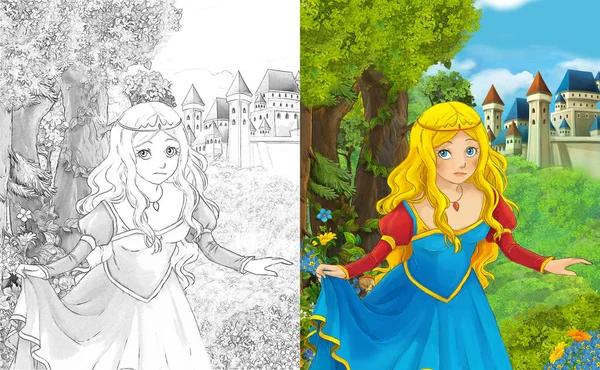 Kreskówka Sceny Pięknej Księżniczki Stojący Lesie Pobliżu Ilustracja Zamku Kolorowanki — Zdjęcie stockowe