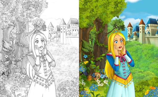 cartoon scene with beautiful princess standing in the forest near the castle - with coloring page - illustration for children