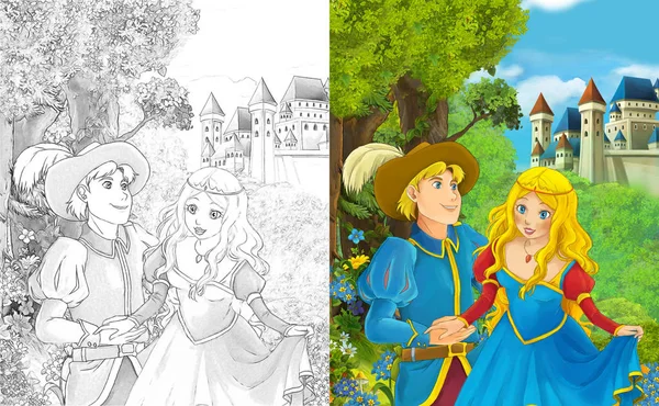 Cartoon Scene Happy Young Boy Girl Princess Prince Standing Castle — Stock Photo, Image