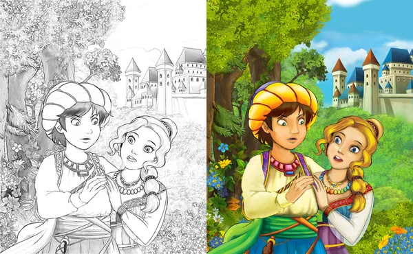 mutlu genç erkek ve kız - prenses ve Prens - ile sayfa boyama - kale illüstrasyon çocuklar için yakın duran ile çizgi film sahne