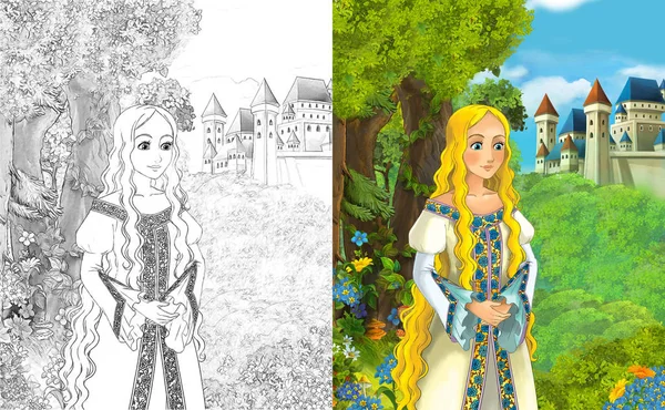 cartoon scene with beautiful princess standing in the forest near the castle - with coloring page - illustration for children