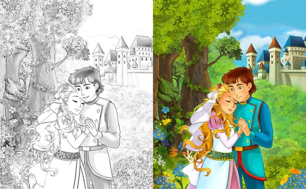 mutlu genç erkek ve kız - prenses ve Prens - ile sayfa boyama - kale illüstrasyon çocuklar için yakın duran ile çizgi film sahne