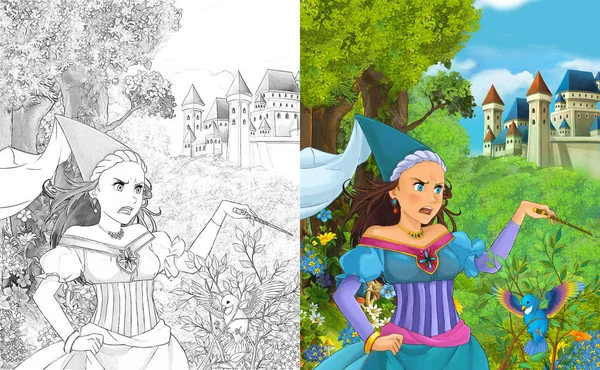 cartoon scene with beautiful princess sorceress in the forest near the castle - illustration for children