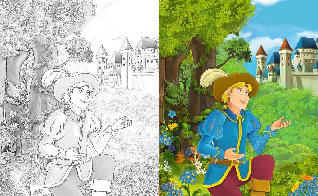 cartoon scene with prince or king near the majestic castle illustration for children 