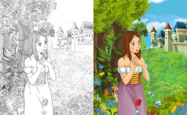sahne çocuklar için Kalesi - boyama sayfası - illüstrasyon yakınındaki ormanda güzel prenses konumu olan çizgi film
