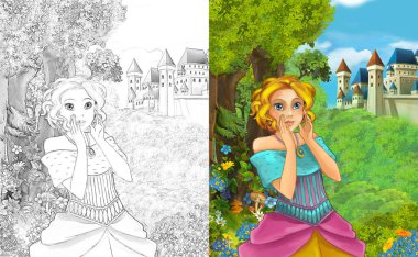 sahne çocuklar için Kalesi - boyama sayfası - illüstrasyon yakınındaki ormanda güzel prenses konumu olan çizgi film