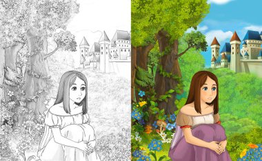sahne çocuklar için Kalesi - boyama sayfası - illüstrasyon yakınındaki ormanda güzel prenses konumu olan çizgi film