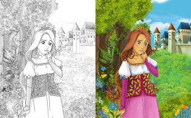 sahne çocuklar için Kalesi - boyama sayfası - illüstrasyon yakınındaki ormanda güzel prenses konumu olan çizgi film