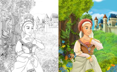 sahne çocuklar için Kalesi - boyama sayfası - illüstrasyon yakınındaki ormanda güzel prenses konumu olan çizgi film