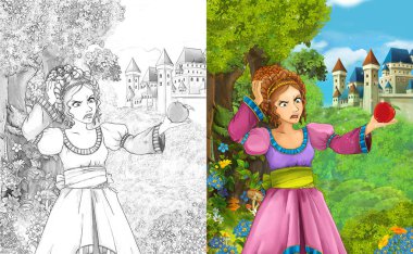 sahne çocuklar için Kalesi - boyama sayfası - illüstrasyon yakınındaki ormanda güzel prenses konumu olan çizgi film