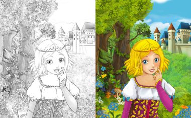 sahne çocuklar için Kalesi - boyama sayfası - illüstrasyon yakınındaki ormanda güzel prenses konumu olan çizgi film