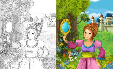 sahne çocuklar için Kalesi - boyama sayfası - illüstrasyon yakınındaki ormanda güzel prenses konumu olan çizgi film