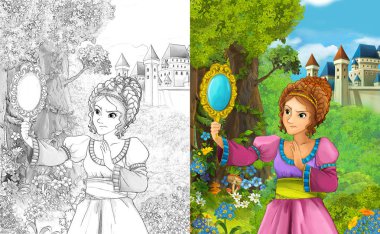 sahne çocuklar için Kalesi - boyama sayfası - illüstrasyon yakınındaki ormanda güzel prenses konumu olan çizgi film