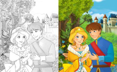 mutlu genç erkek ve kız - prenses ve Prens - ile sayfa boyama - kale illüstrasyon çocuklar için yakın duran ile çizgi film sahne
