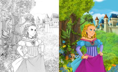 sahne çocuklar için Kalesi - boyama sayfası - illüstrasyon yakınındaki ormanda güzel prenses konumu olan çizgi film