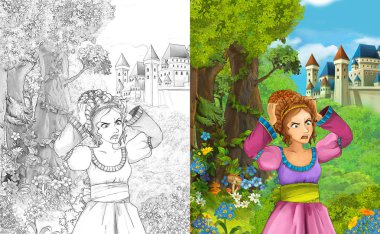 sahne çocuklar için Kalesi - boyama sayfası - illüstrasyon yakınındaki ormanda güzel prenses konumu olan çizgi film