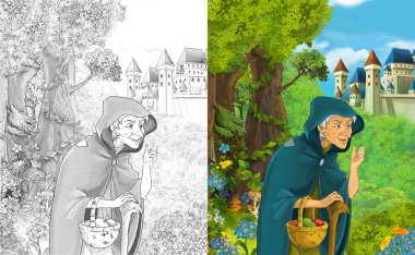 sahne witholder kadın karikatür veya çocuklar için güzel görkemli Kalesi - artisric - sayfa boyama illüstrasyon yakınındaki cadı