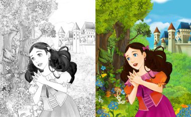 sahne çocuklar için Kalesi - boyama sayfası - illüstrasyon yakınındaki ormanda güzel prenses konumu olan çizgi film