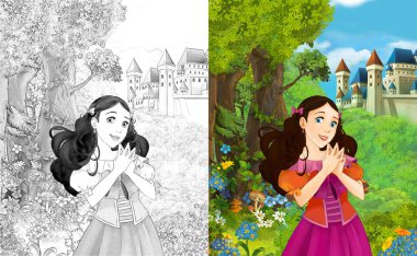 sahne çocuklar için Kalesi - boyama sayfası - illüstrasyon yakınındaki ormanda güzel prenses konumu olan çizgi film
