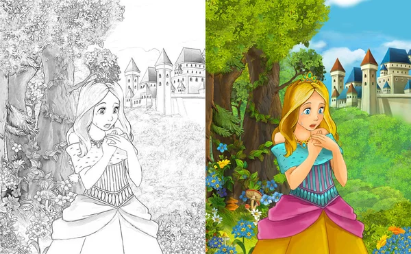 Scène Dessin Animé Avec Belle Princesse Debout Dans Forêt Près — Photo