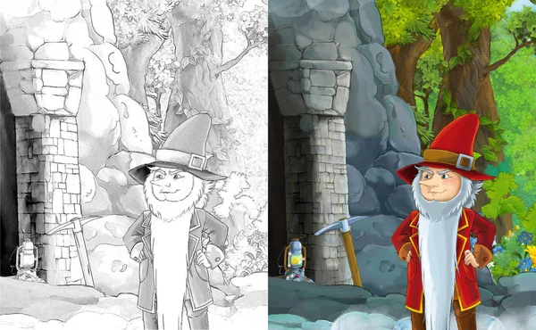 Cartoon Scene Miner Dwarf Forest Cave Entrance Way Mine Illustration — Stock Photo, Image