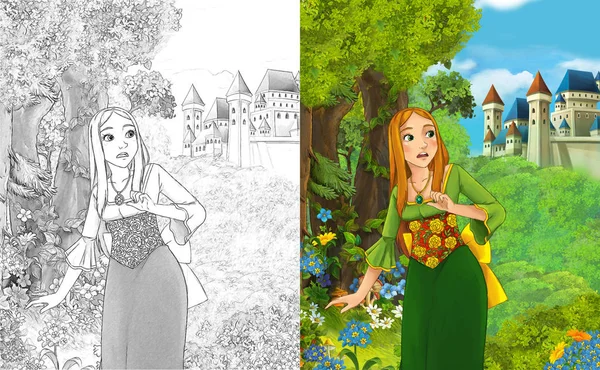 Escena Dibujos Animados Con Hermosa Princesa Pie Bosque Cerca Del —  Fotos de Stock
