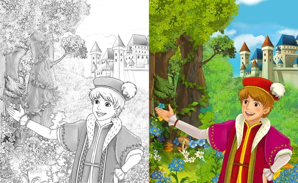 Scène Dessin Animé Avec Prince Roi Près Majestueux Château Illustration — Photo