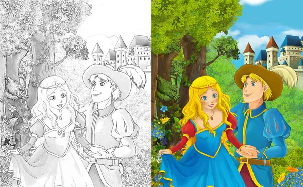 Scène Dessin Animé Avec Heureux Jeune Garçon Fille Princesse Prince — Photo