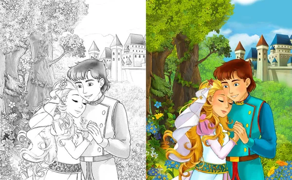 Cartoon Scene Happy Young Boy Girl Princess Prince Standing Castle — Stock Photo, Image
