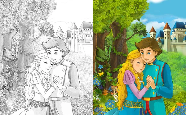 Escena Dibujos Animados Con Niño Niña Feliz Princesa Príncipe Pie — Foto de Stock